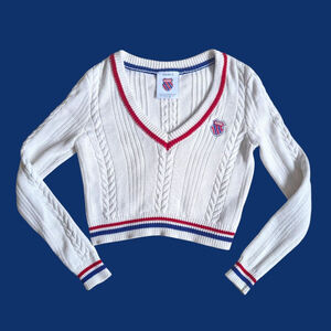Forever 21 x K Swiss Cropped Cable Knit Sweater - White - M - Tennis Prep 90s